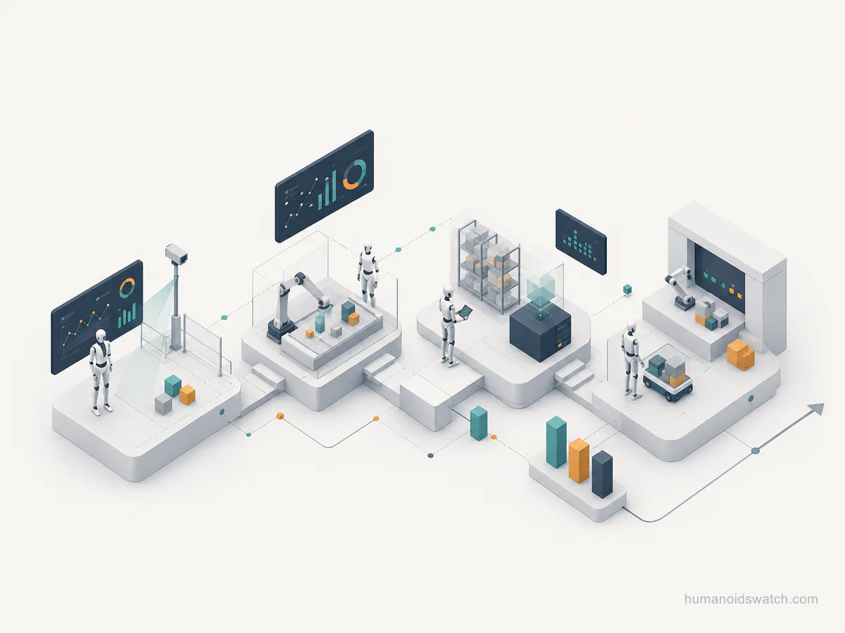 Illustration of humanoid robot deployment intelligence across industrial workstations
